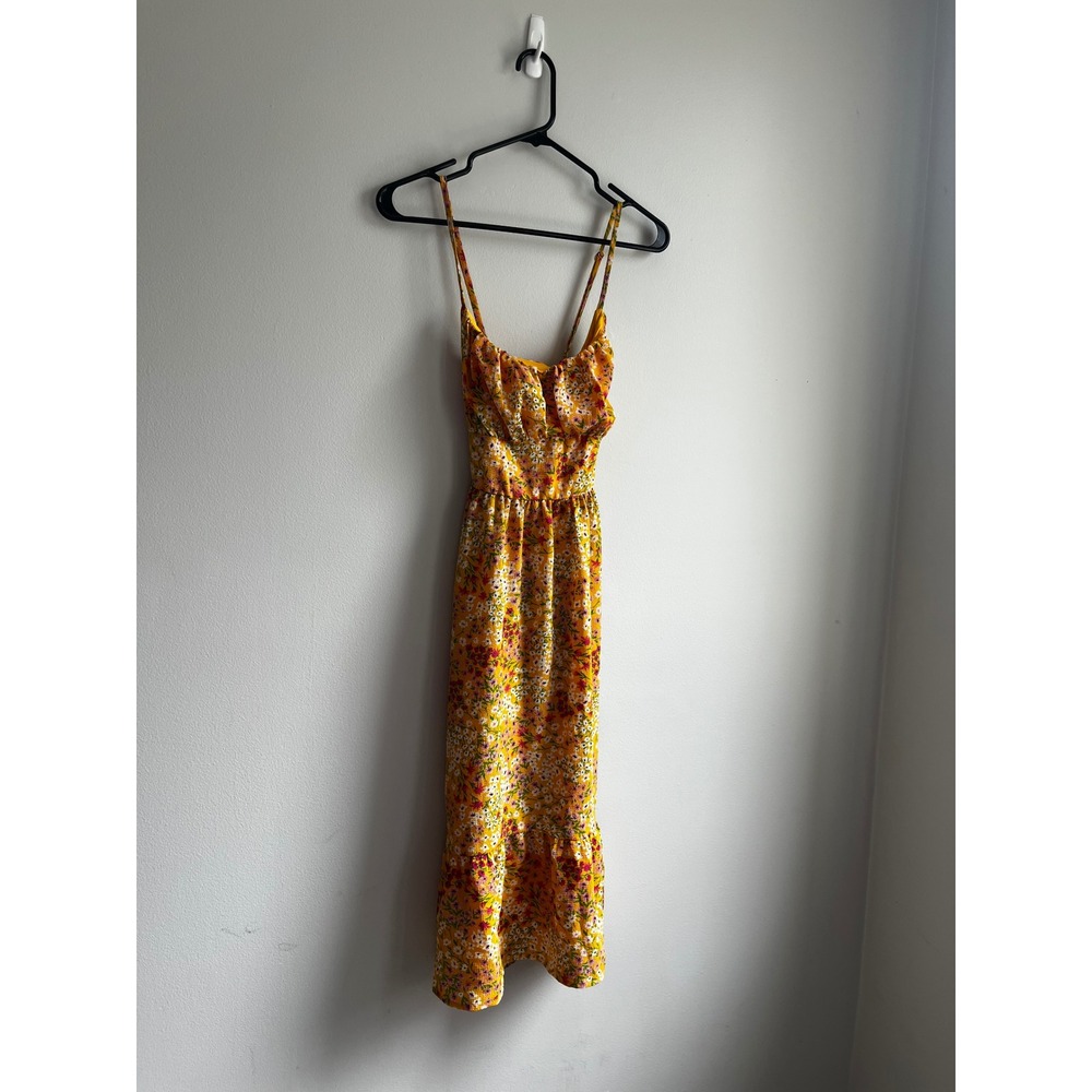 BCBG Paris Yellow Floral Ruched Bust Midi Dress XS Sweetheart Ruffle Sleeveless